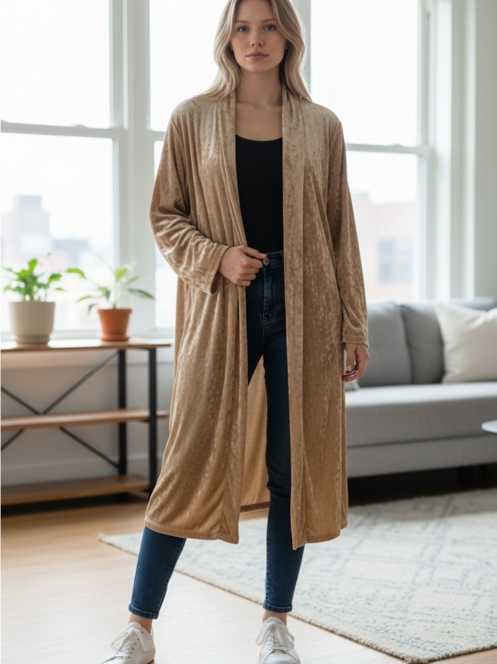 SHEIN Tan Velvet Long Trench Coat